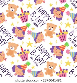 Pattern with children, gifts and the inscription happy birthday sister. A girl, a boy in festive cones with a cupcake, a bear and stars on a white background. Texture for printing on packaging, gifts