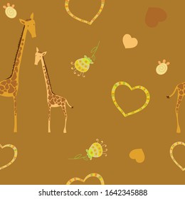 Pattern for children, giraffes on an orange background and hearts,seamless for textile