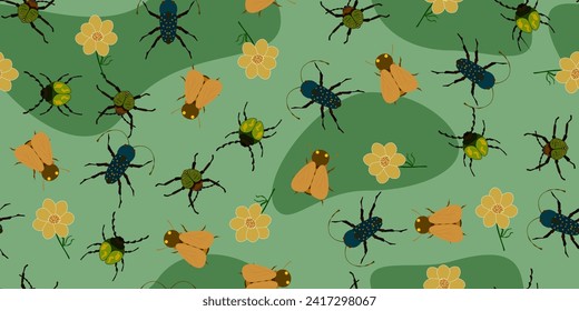 Pattern for children with insects on green leaves