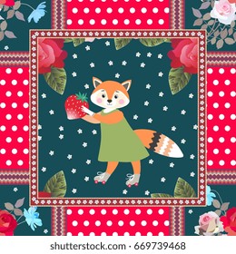 Pattern for children with little fox, polka dot background and flowers in patchwork style. Greeting card. 