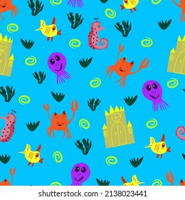 Pattern for children marine life. octopus, crab, seahorse, fish. Vector illustration