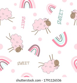 
pattern for children with sheep. print for fabric. poster in pink with rainbow and sheep.