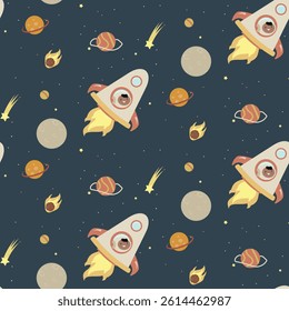 Pattern for children space science knowledge of the universe. Factory textiles.