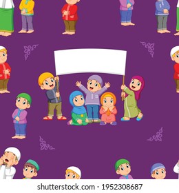 The pattern of the children are standing and holding the blank banner of the illustration