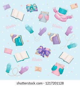 Pattern with children things. School, student on holidays. Gifts and warm clothes, knitted scarf cap and mittens, snow and letters. Winter vector illustration set of season isolated objects