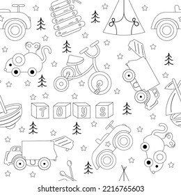 Pattern of children toys in style outline black color. Vector