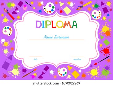 Pattern children's certificate for delivery on a creative contest in kindergarten or school. Diploma of paint brushes and palette for artists. Diploma template for kindergarten students. Vector