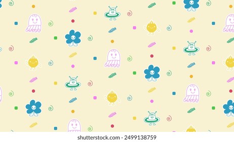 Pattern of the children's character alien, flower, jellyfish, character ball for books, coloring, games, clothes, advertising