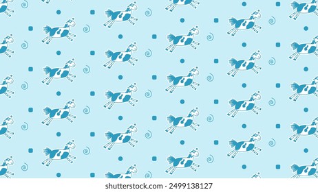 Pattern of the children's character horse is blue for books, coloring, games, clothes, advertising