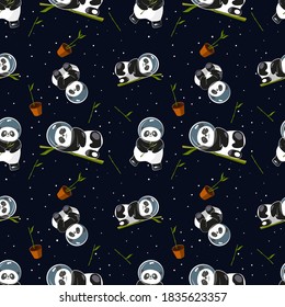 Pattern for children's clothing with funny pandas flying in space.