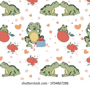 pattern with children's drawing frog and apples and a gift frogs in love style cartoon