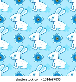 Pattern children's Easter with white bunnies and flowers. For Easter holiday, postcards, Wallpaper,fabric, textiles, tablecloths, background, wrapping paper-01