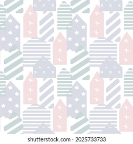 
Pattern for children's fabrics, packaging, wallpaper. Delicate drawing in bed colors with houses and trees. Stylish seamless pattern.