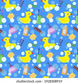 Pattern with childrens illustrations with items for the shower. Rubber duck, shampoo and shower gel, soap and washcloths on a blue background. Vector illustration for paper packaging, fabric prints