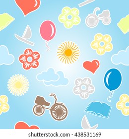 Pattern for children's items with balloon, bycicle, boat, flowers,book and clouds. Vector Illustration