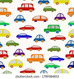 patrón con los coches multicolores de los niños. Ilustración vectorial aislada en fondo blanco. Patrón sin foco.