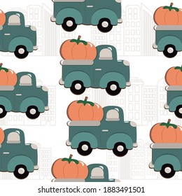 Pattern childrens small truck carrying a large pumpkin