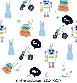 Pattern of children's toy robot, bicycle. Vector
