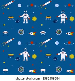 Pattern - children's toys - astronaut, rockets, satellites - vector. Space Tourism