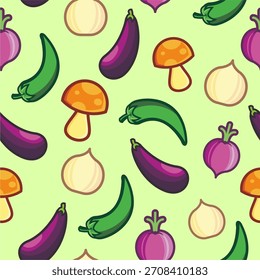 Patrón de ají verde, ajo, berenjena, cebolla y Vector de setas Ilustración de diseño 
