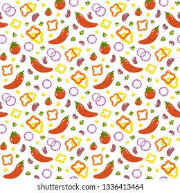 Pattern with chili peppers, tomatoes, beans, sweet peppers, onions, corn, greens. Excellent design for packaging, wrapping paper, menu, kitchen textiles etc.