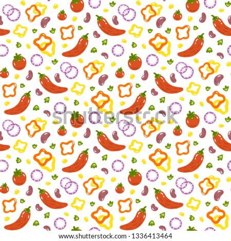 Pattern with chili peppers, tomatoes, beans, sweet peppers, onions, corn, greens. Excellent design for packaging, wrapping paper, menu, kitchen textiles etc.