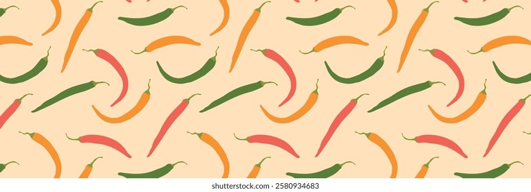 Pattern of Chili red, green and yellow pepper. Spicy capsaicin dish. Vector seamless background with hot vegetable.