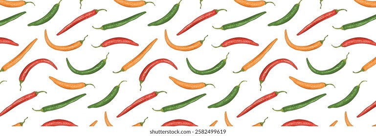 Pattern of Chili red, green and yellow pepper. Spicy capsaicin dish. Vector seamless background with hot vegetable.