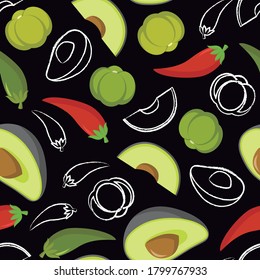 PATTERN OF CHILLIES, TOMATOES AND AVOCADO ON BLACK BACKGROUND