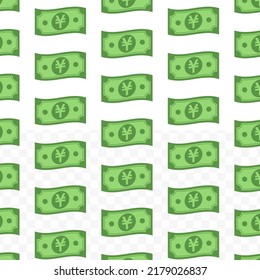 Pattern of China Yuan banknotes on transparent background with mini doodle (icon) and green color. Vector Illustration