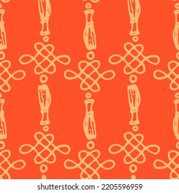 The pattern is a Chinese amulet. Seamless vector pattern of an amulet with a brush, isolated by a yellow outline, often located on a red one for a design template. Vintage chinese red amulet pattern, 