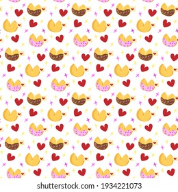 Pattern with Chinese cookies and predictions. Vector illustration isolated on white background. For use in decor, flyers, leaflets and brochures, fabric and wrapping paper and for various designs.