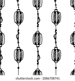 a pattern from a Chinese flashlight. seamless pattern of a Japanese street lamp icon, hand-drawn in the style of doodles on white with a black outline. hanging lantern with a texture of dots 