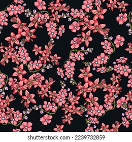 Pattern of Chinese flowers with branches. Oriental print. For fashion design and fabrics. All over and vector design