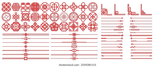 Pattern Chinese. Frame ornament, line Korean. Icon element decor Japanese style, knot Asian border. Shape geometric design. Isolated decorative under lines and circles. Vector oriental outline graphic