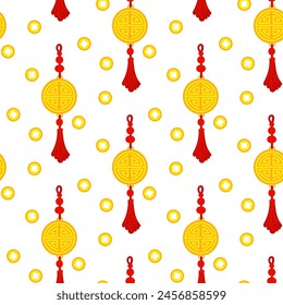 A pattern with Chinese gold amulets with tassels and coins, reminiscent of cultural wealth and a festive atmosphere. A festive festival. A round maze for good luck. The Moon Festival. illustration