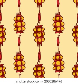 patrón de farolillos chinos. patrón transparente de una lámpara de calle japonesa, compuesta por varios óvalos amarillos con rayas rojas, con un tassel.  en amarillo para la plantilla de diseño