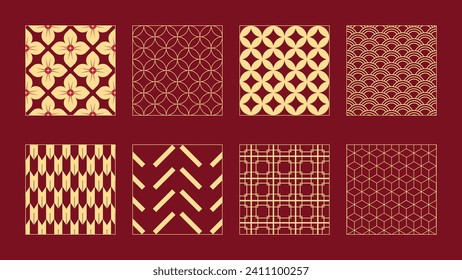 Pattern for Chinese New Year in Floral and Geometric Pattern in Various Shapes Coloured with Red and Gold