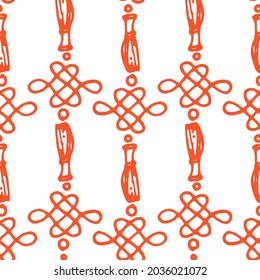 The pattern is a Chinese red amulet. Seamless vector pattern of an amulet with a brush, isolated red outline, located on a white background for a design template. Vintage chinese red amulet pattern