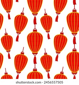 Pattern with a Chinese red paper lantern with tassels, reminiscent of cultural wealth and a festive atmosphere. Festive festival for good luck. A lunar festival, elongated semicircular and decorative