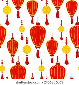 Pattern is a Chinese red paper lantern with golden amulets, reminiscent of cultural wealth and a festive atmosphere. A festive festival. An oval lantern. Moon Festival. Vector isolated illustration