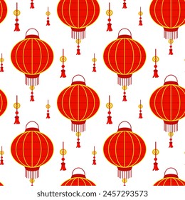 Pattern is a Chinese red paper lantern with tassels, reminiscent of cultural wealth and a festive atmosphere. A festive festival. Oval lanterns with amulets, tassels and gold. The Moon Festival