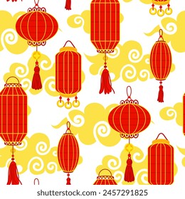 Pattern is Chinese red paper lanterns of different shapes with tassels on a background of clouds, cultural richness and festive atmosphere. A festive festival. The Moon Festival. Seamless texture