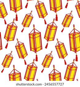 Pattern of Chinese red paper rectangular lantern, reminiscent of cultural wealth and festive atmosphere. Festive festival for good luck. An elongated rectangle with red threads. Moon Festival. Vector
