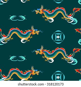 The pattern in the Chinese style with green dragons, pearls and waves on a green background. There is a frame around a pearl.