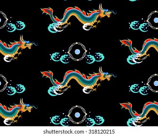 The pattern in the Chinese style with green dragons, blue pearl and green waves on a black background. There is a frame around a pearl.