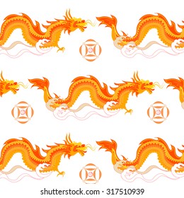 The pattern in the Chinese style with orange dragons, pearls and waves on a white  background. There is a frame around a pearl. 