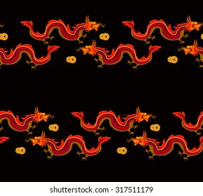 The pattern in the Chinese style with red dragons on a black background. Between dragons are located Chinese coins feng shui.