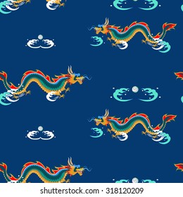 The pattern in the Chinese style with stylized dragons, pearl and waves on a blue  background. It can be used for fabric.