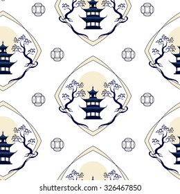 The pattern in the Chinese style with trees, frame, pagoda and sun on a white background. It can be used for fabric.